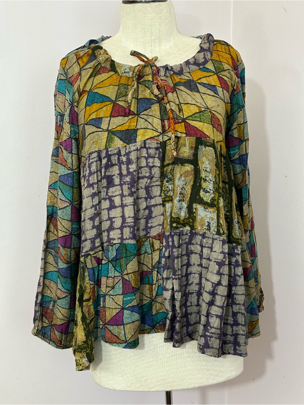 Sacred Threads Mixed Print Drawstring Neck Blouse Size S/M